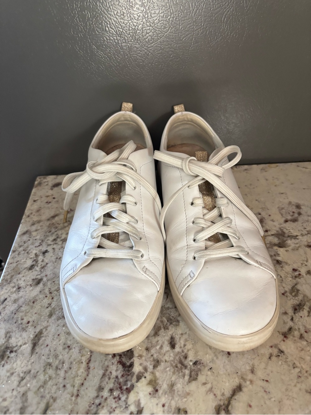 Vionic Women’s White Leather Low-Top Sneakers with Gold Accent